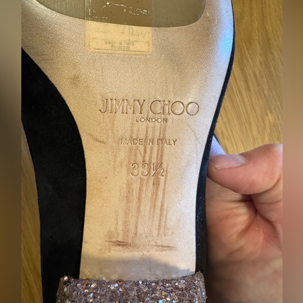 Jimmy Choo Black Suede Ankle Boots with Glitter Heel 38.5 EUC - Picture 10 of 12